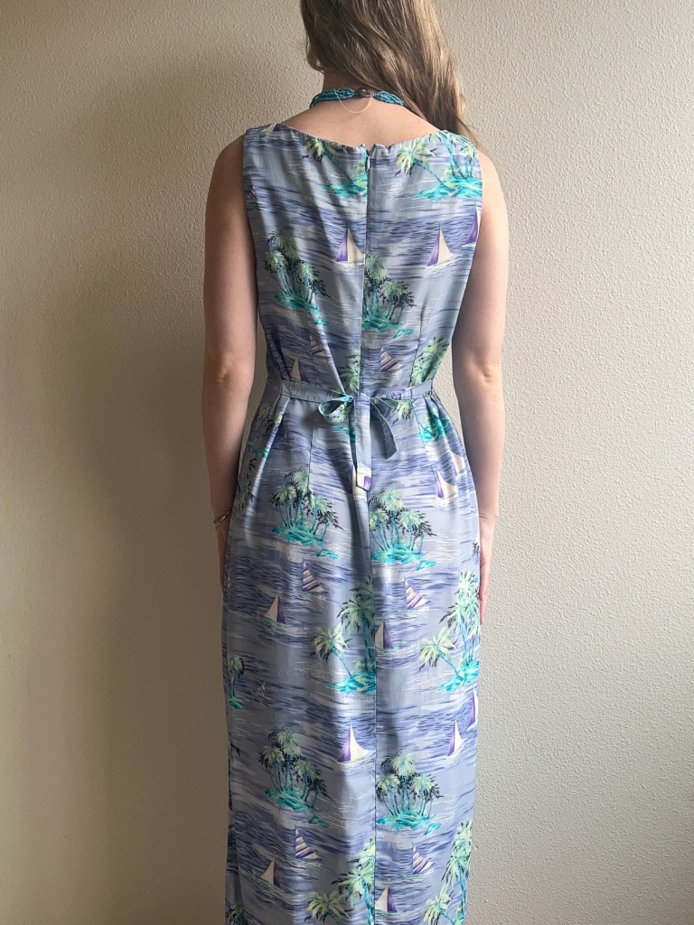 Vintage 1990s Tropical Sailboat Print Midi Dress (M/L) - Picture 4 of 13